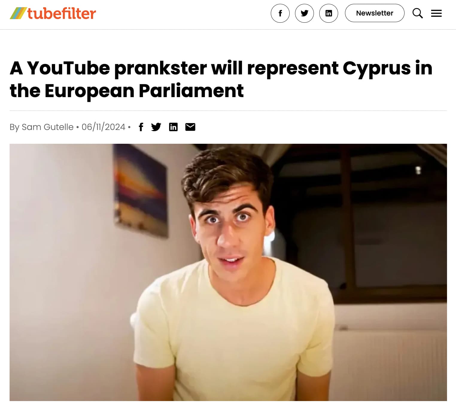 youtuber cyprus parliament - tubefilter in Newsletter Q A YouTube prankster will represent Cyprus in the European Parliament By Sam Gutelle 06112024 f in